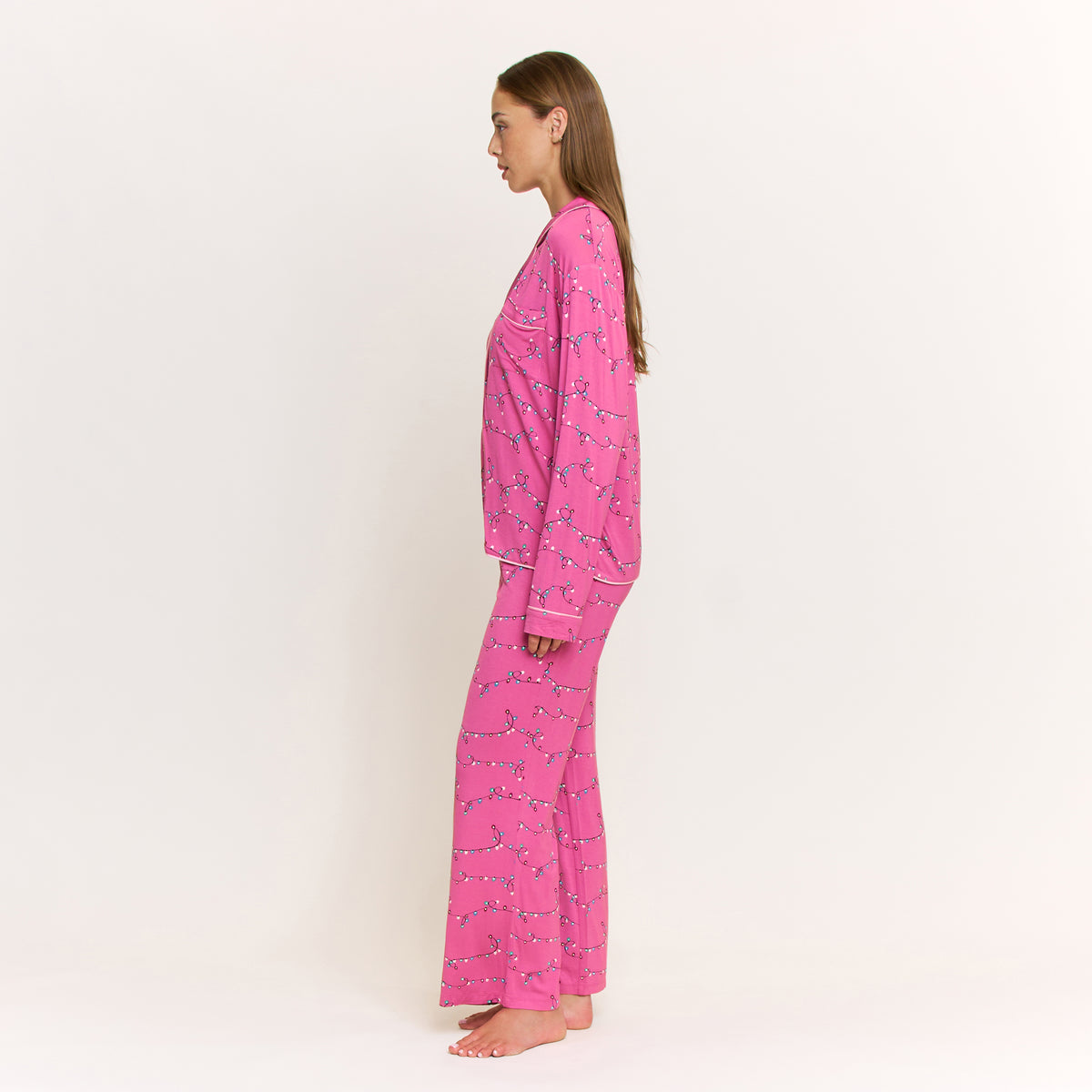 All American Long PJ Set in Fuchsia Festive Lights - -