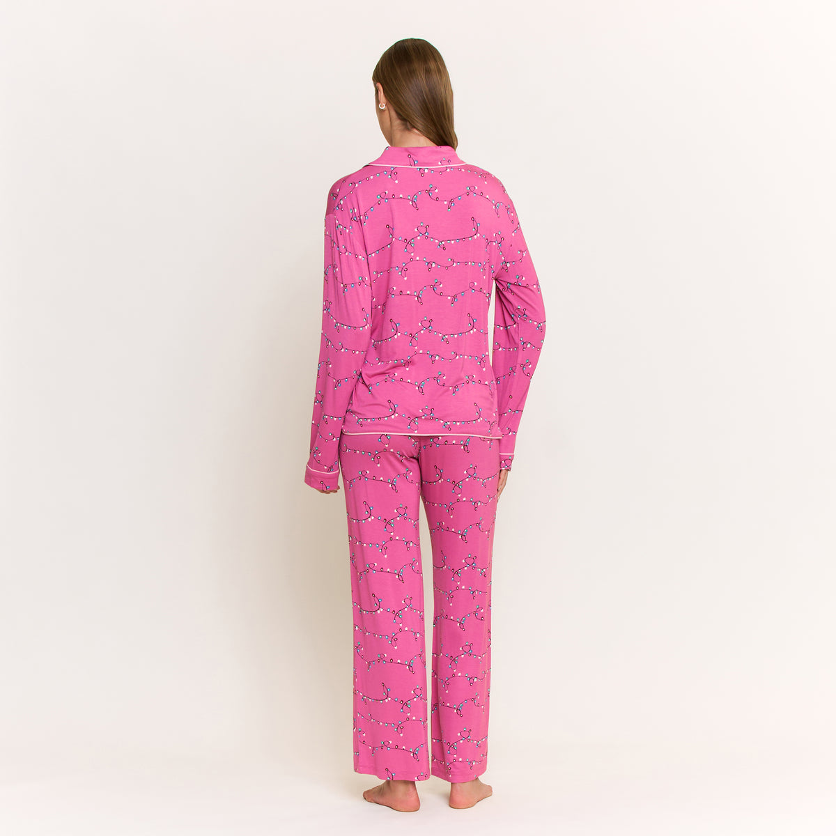All American Long PJ Set in Fuchsia Festive Lights - -