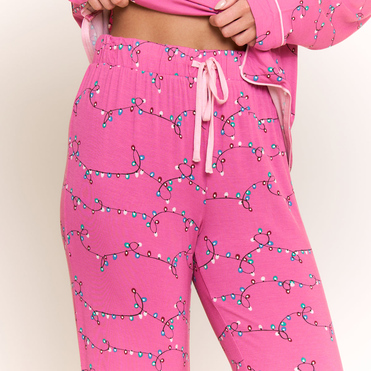 All American Long PJ Set in Fuchsia Festive Lights - -