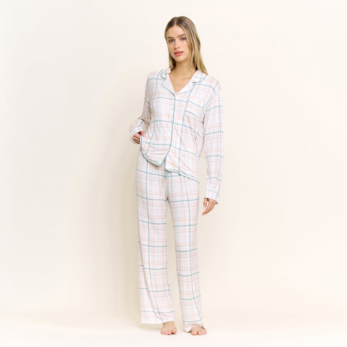 All American Long PJ Set in Ivory Sketch Plaid - -