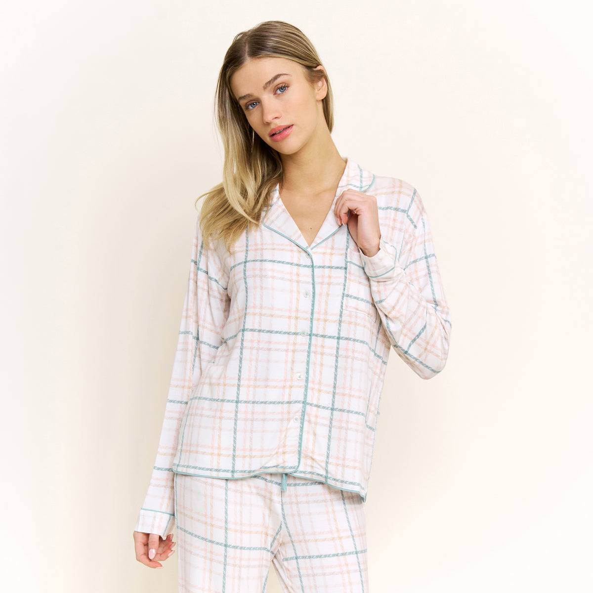 All American Long PJ Set in Ivory Sketch Plaid - -