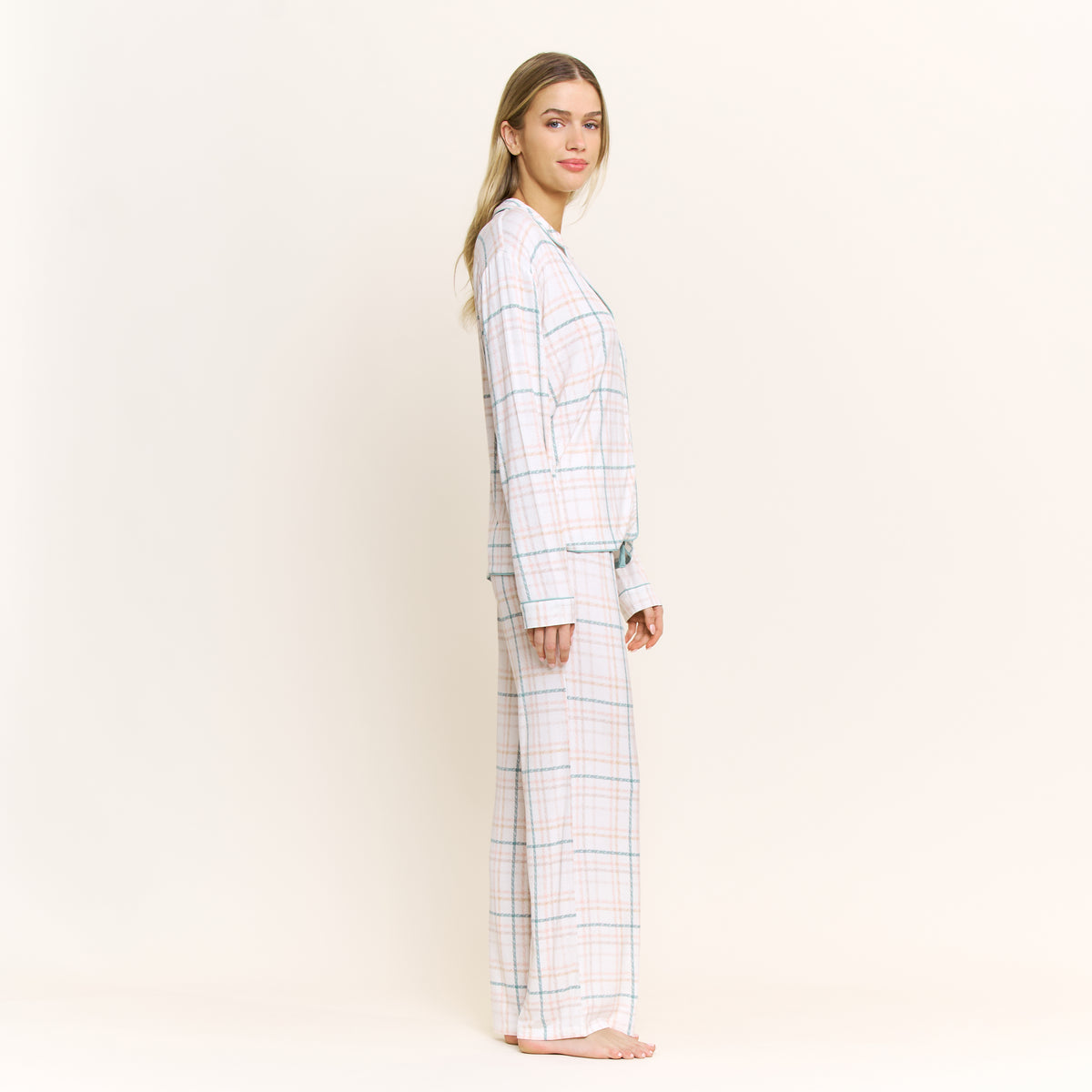 All American Long PJ Set in Ivory Sketch Plaid - -
