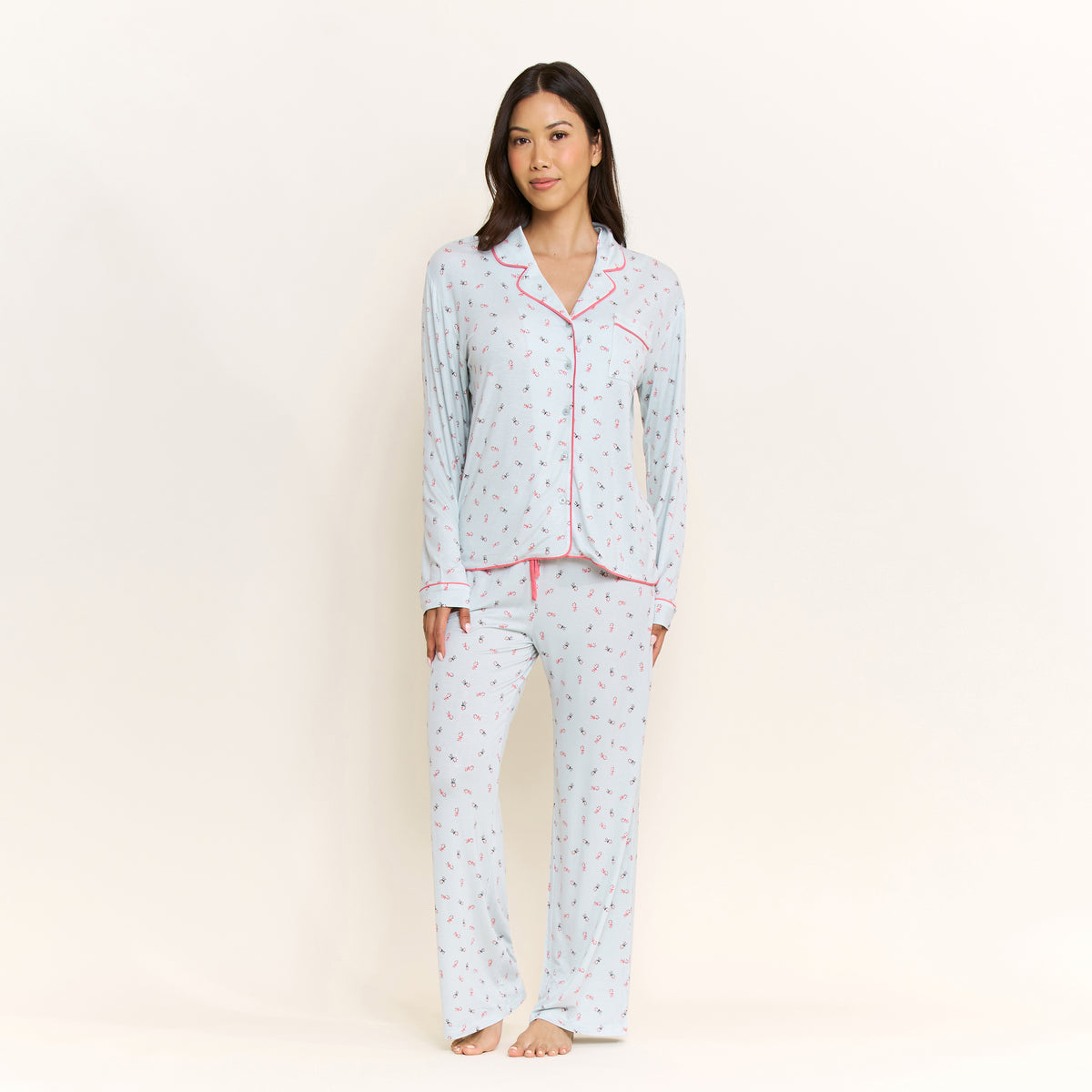 All American Long PJ Set in Mint Candy Canes - -