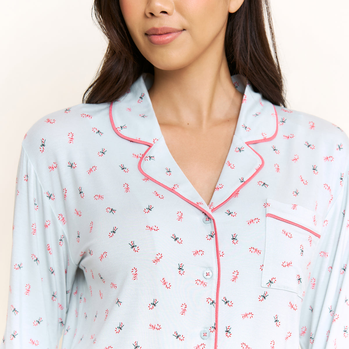 All American Long PJ Set in Mint Candy Canes - -