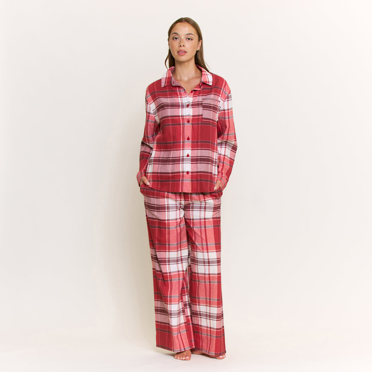 Sleep Squad Long Sleeve PJ Set in Holly Red Plaid - -