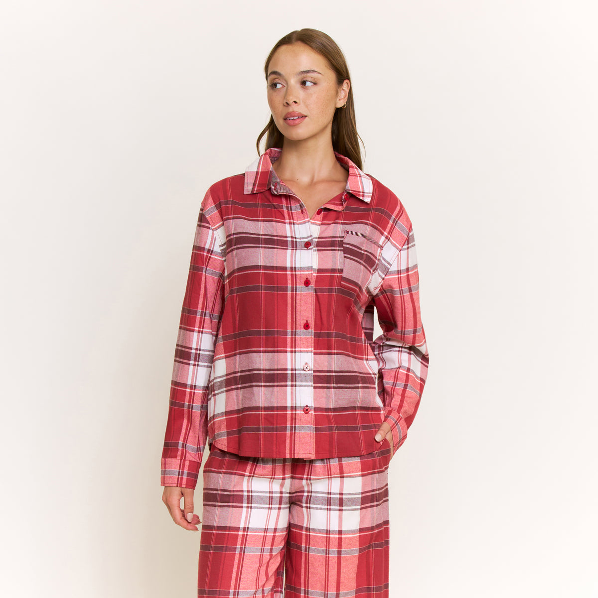 Sleep Squad Long Sleeve PJ Set in Holly Red Plaid - -