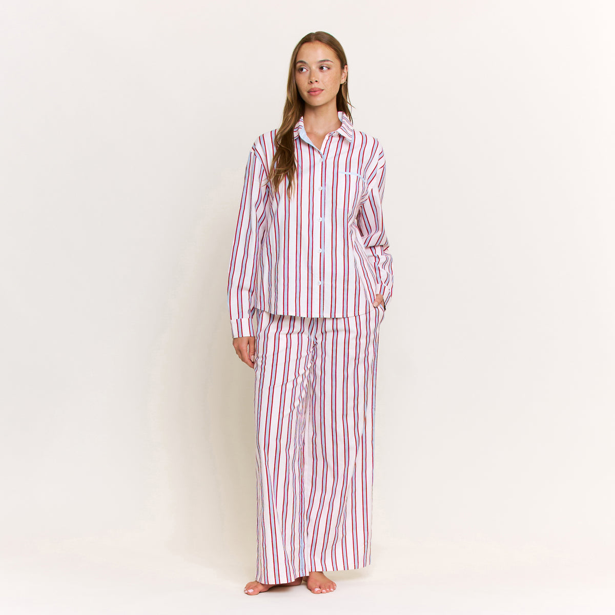 Sleep Squad Long Sleeve PJ Set in Ruby Red Stripe - -