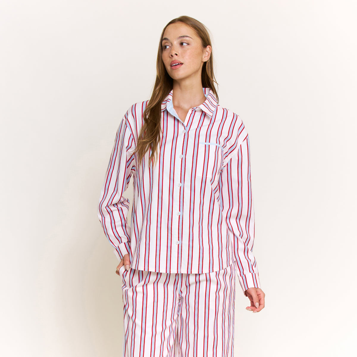 Sleep Squad Long Sleeve PJ Set in Ruby Red Stripe - -