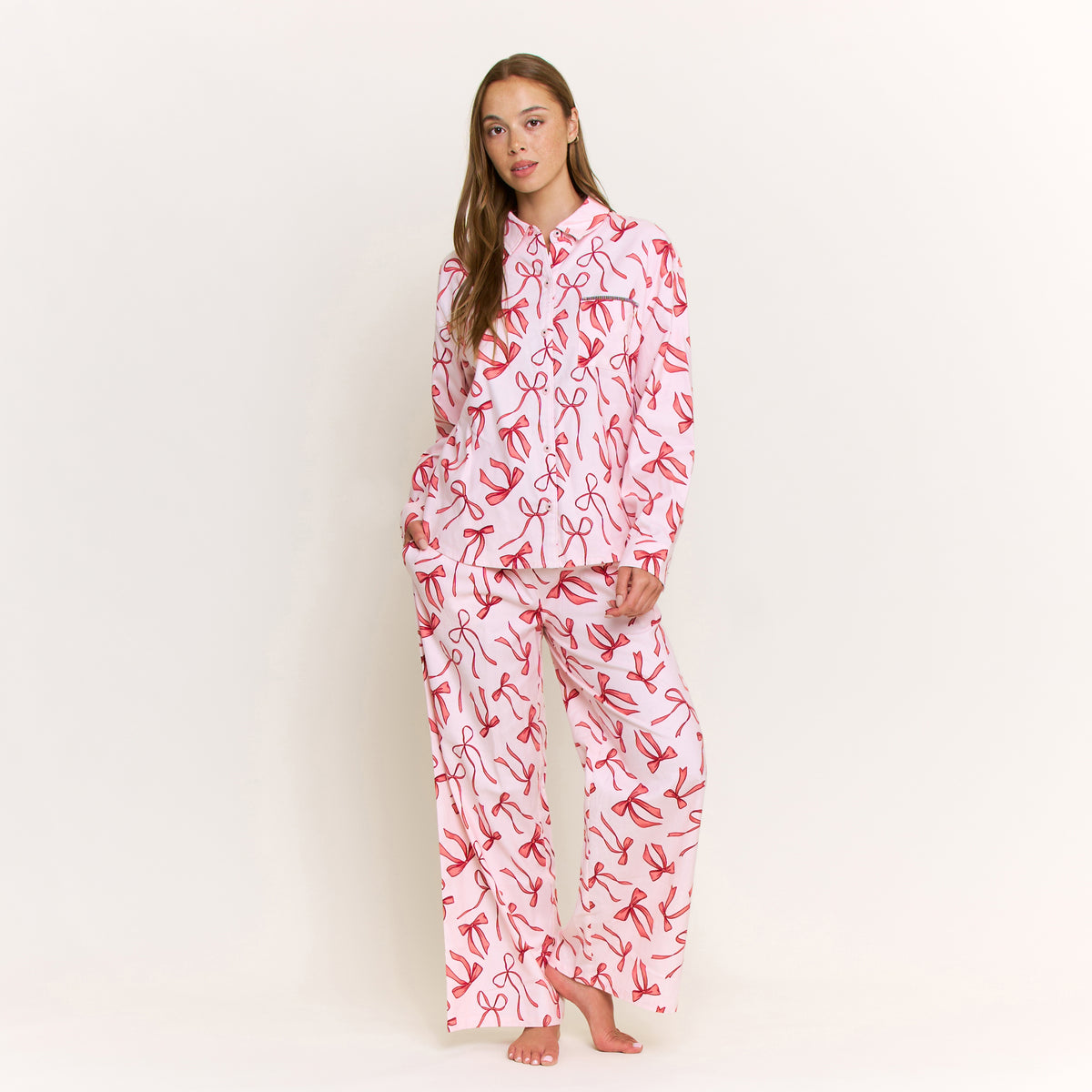 Sleep Squad Long Sleeve PJ Set in Soft Pink Bows - -
