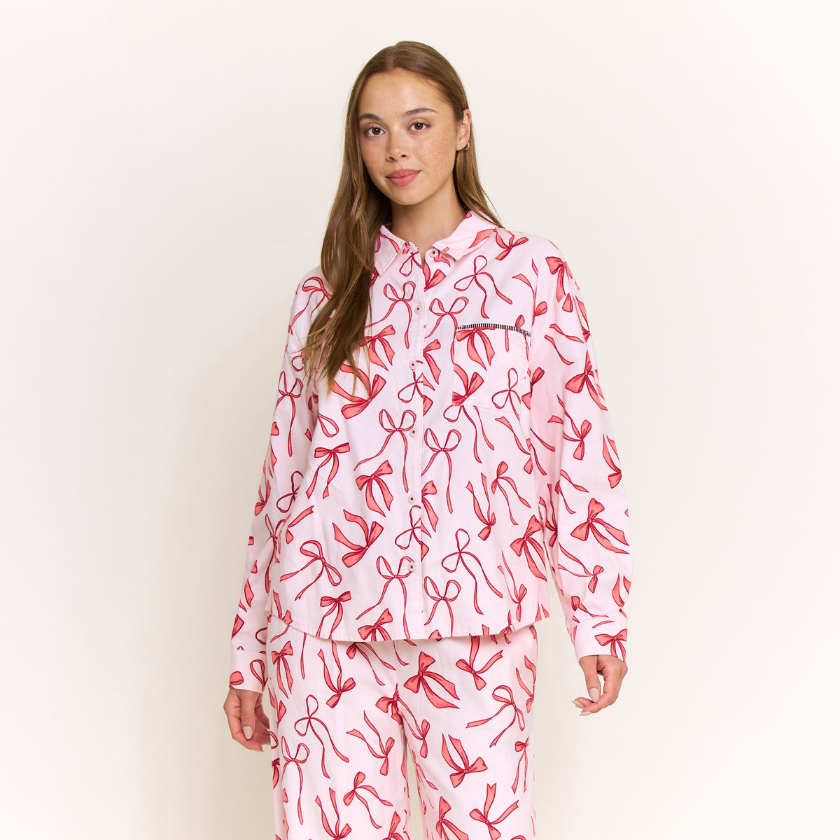 Sleep Squad Long Sleeve PJ Set in Soft Pink Bows - -
