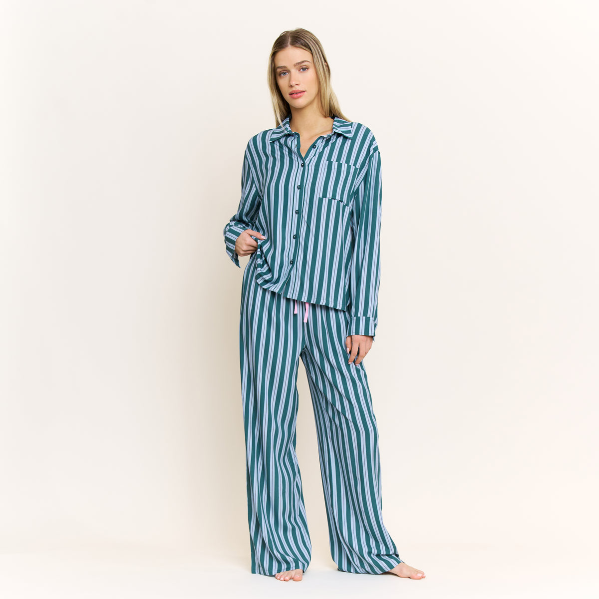 Girl Brunch Long Sleeve PJ Set in Deep Teal Stripe - -