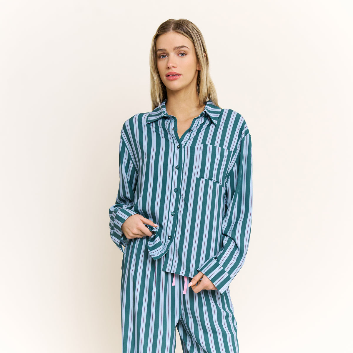 Girl Brunch Long Sleeve PJ Set in Deep Teal Stripe - -