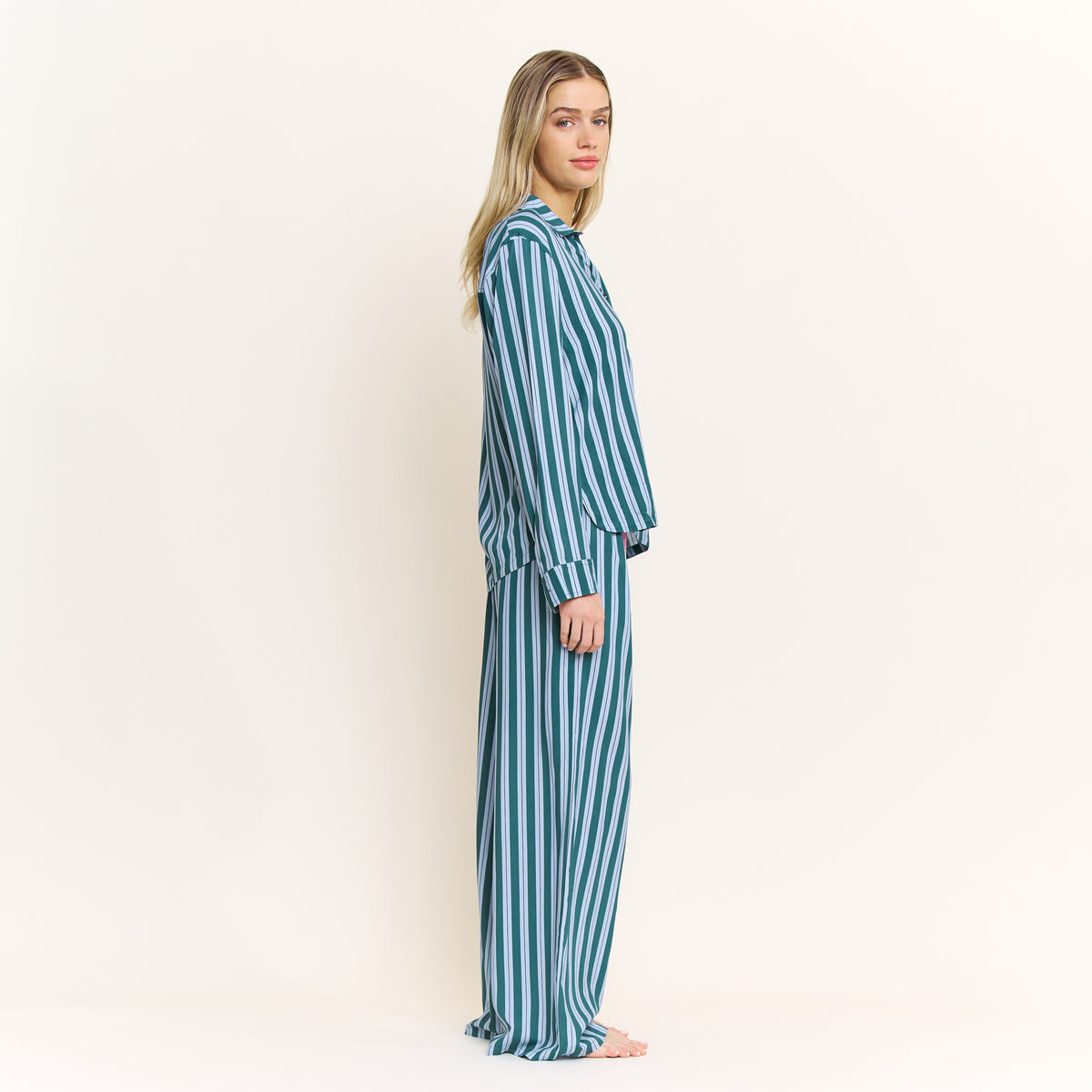 Girl Brunch Long Sleeve PJ Set in Deep Teal Stripe - -