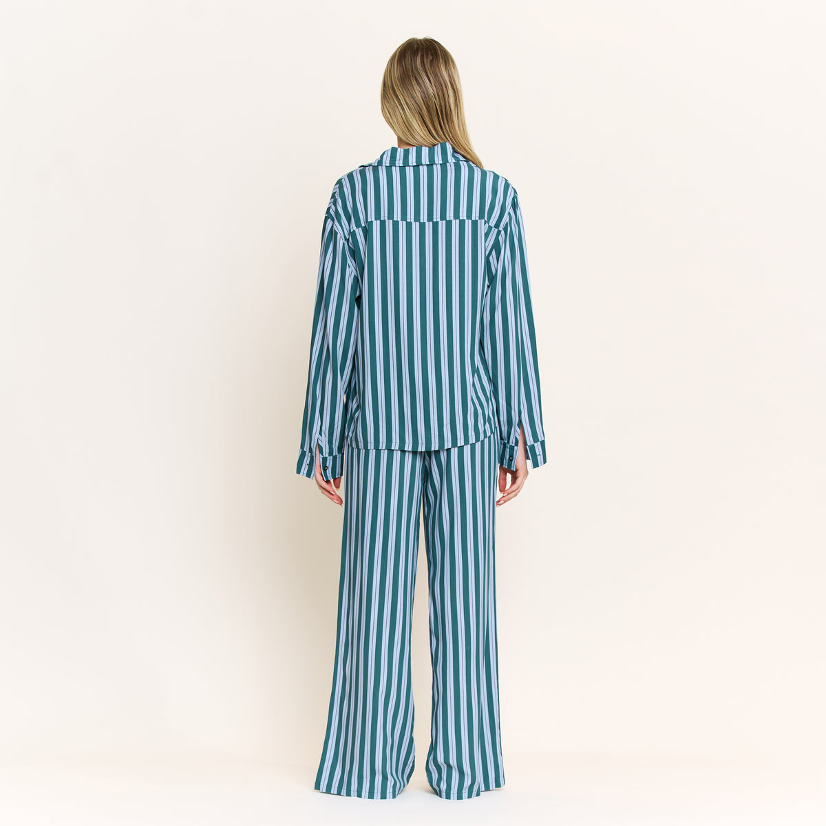 Girl Brunch Long Sleeve PJ Set in Deep Teal Stripe - -