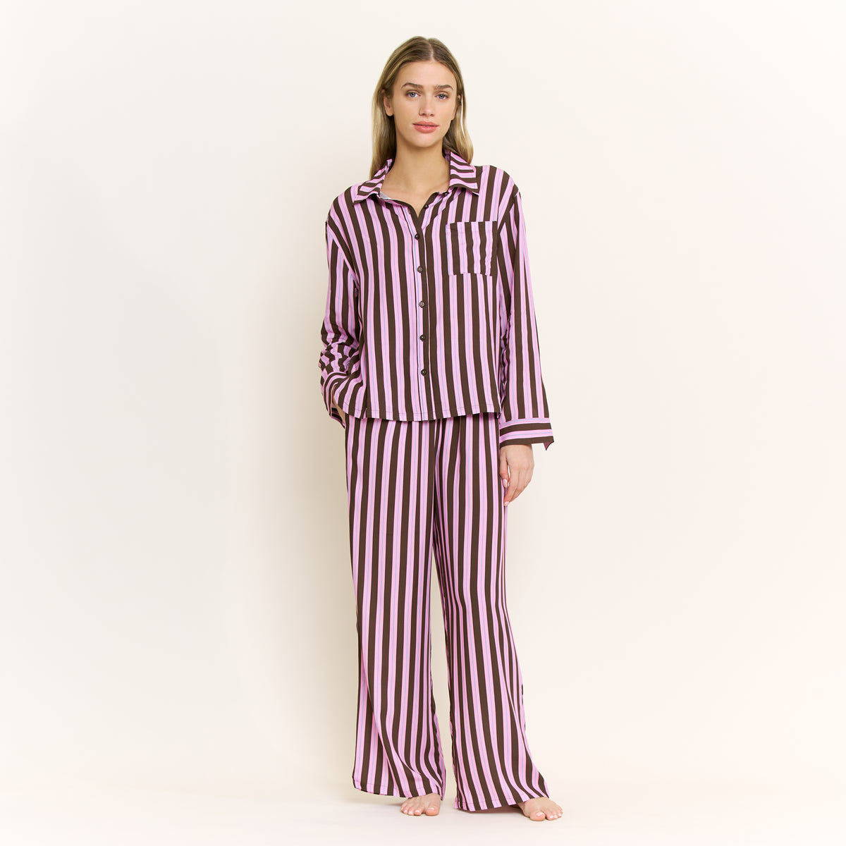 Girl Brunch Long Sleeve PJ Set in Pink Frosting Stripe - -