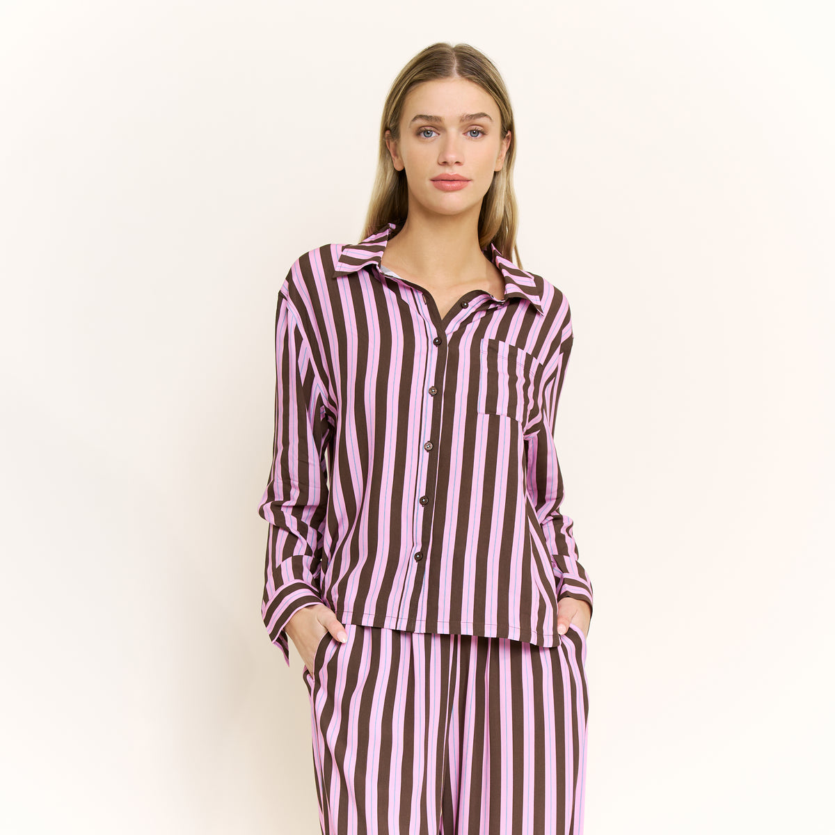 Girl Brunch Long Sleeve PJ Set in Pink Frosting Stripe - -