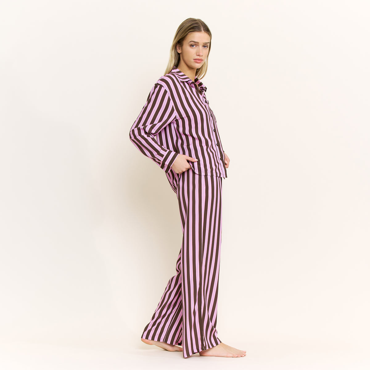 Girl Brunch Long Sleeve PJ Set in Pink Frosting Stripe - -