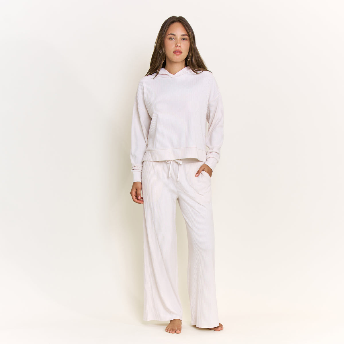 Sleepy Sunday Hoodie Pant Set in Heather Ivory - -