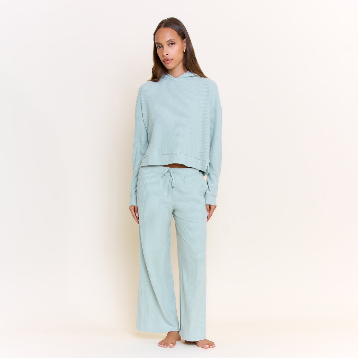 Sleepy Sunday Hoodie Pant Set in Heather Sage Mist - -