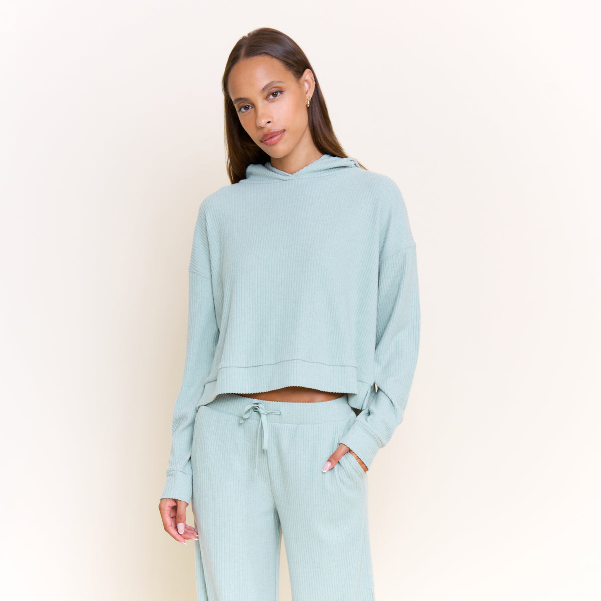 Sleepy Sunday Hoodie Pant Set in Heather Sage Mist - -