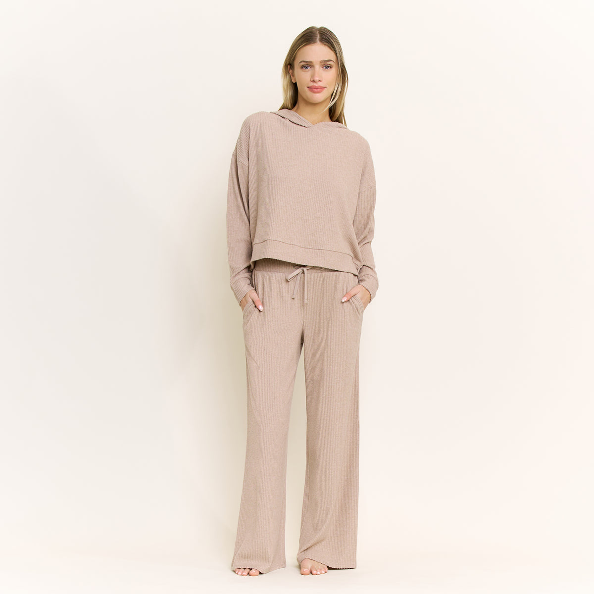 Sleepy Sunday Hoodie Pant Set in Heather Taupe - -