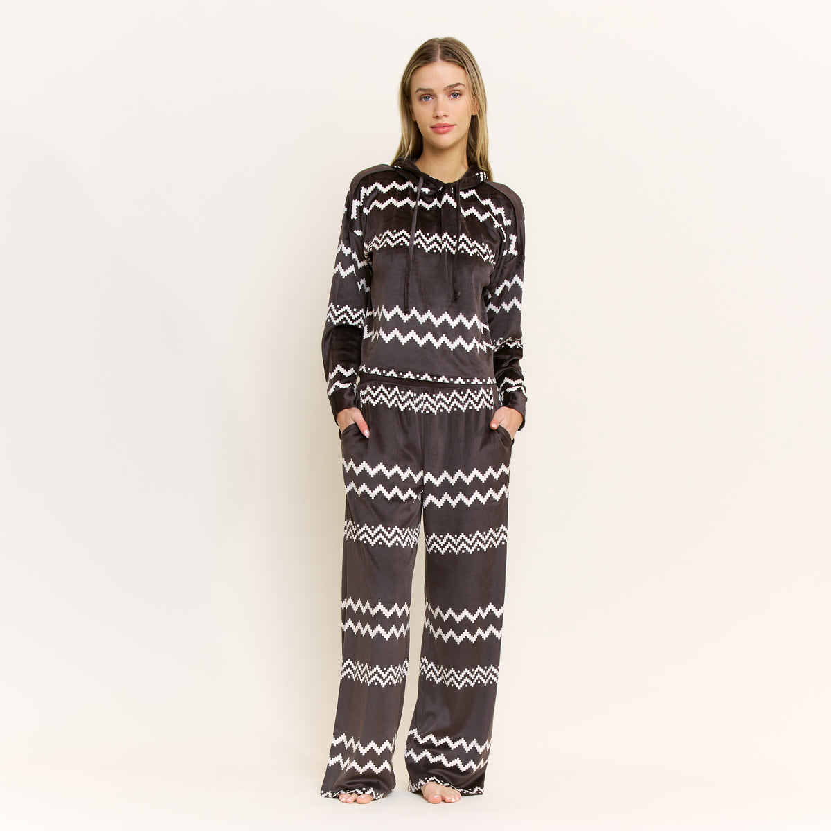 Simply Cozy Hoodie Pant Set in Licorice Geo Fair Isle - -