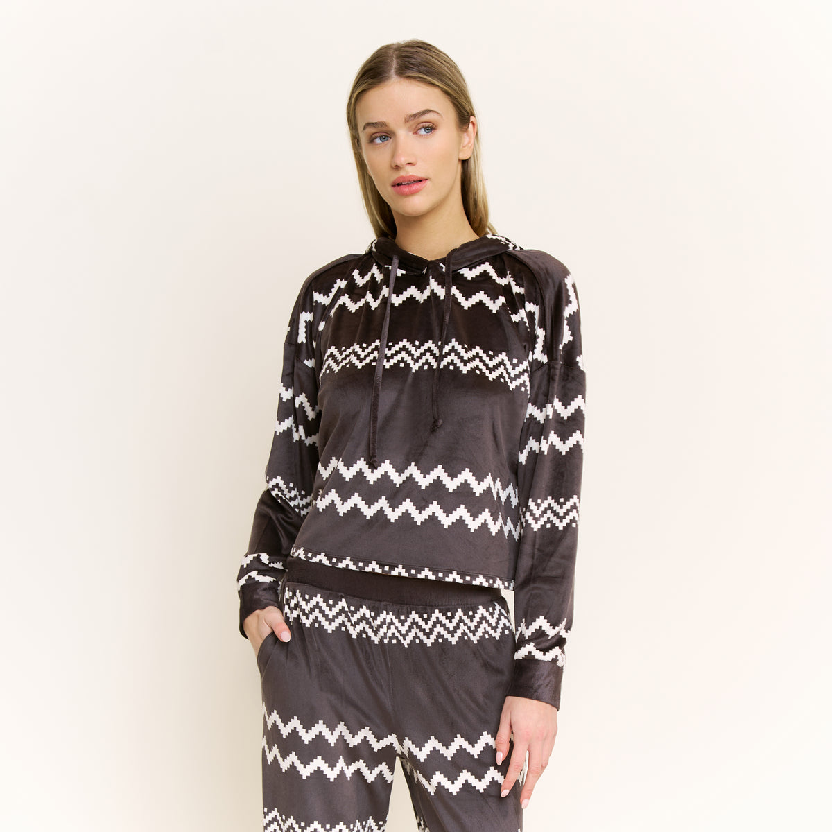 Simply Cozy Hoodie Pant Set in Licorice Geo Fair Isle - -