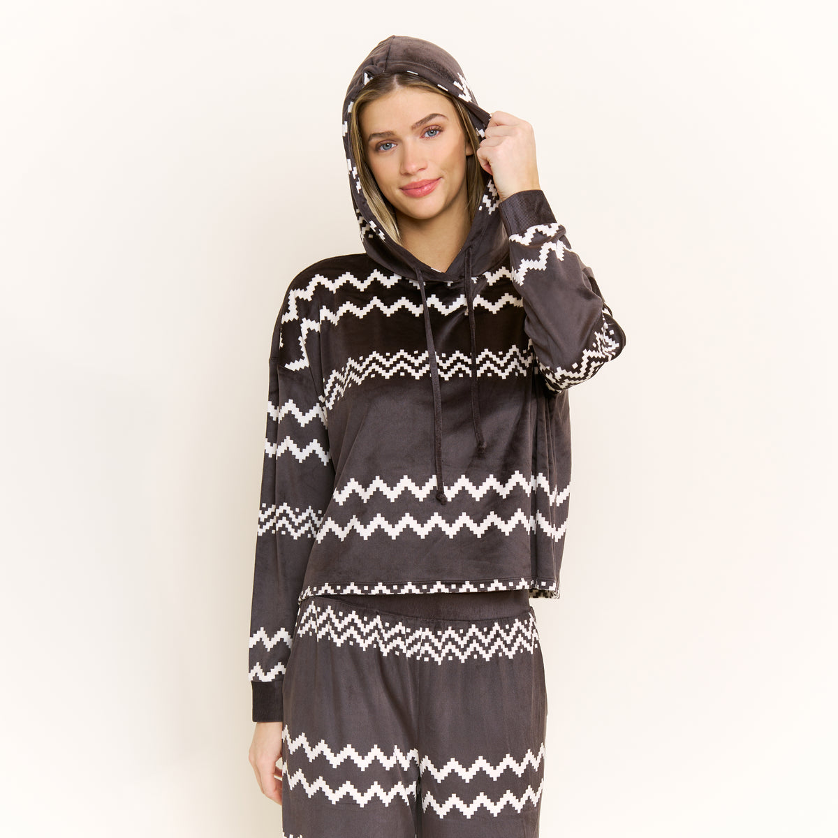 Simply Cozy Hoodie Pant Set in Licorice Geo Fair Isle - -