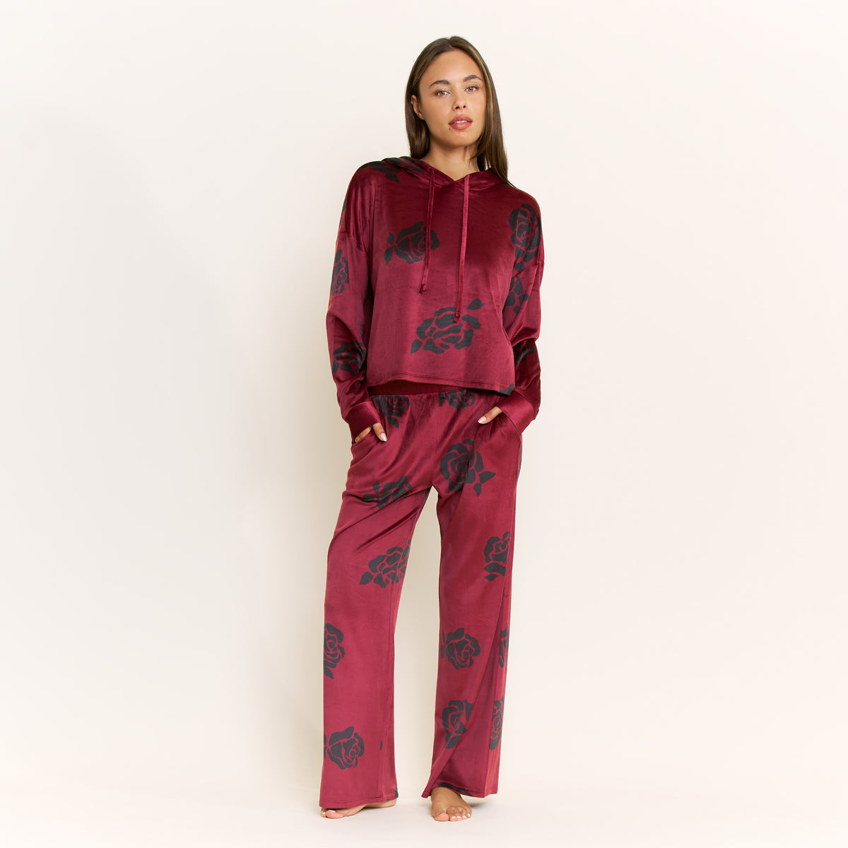 Simply Cozy Hoodie Pant Set in Winterberry Roses - -