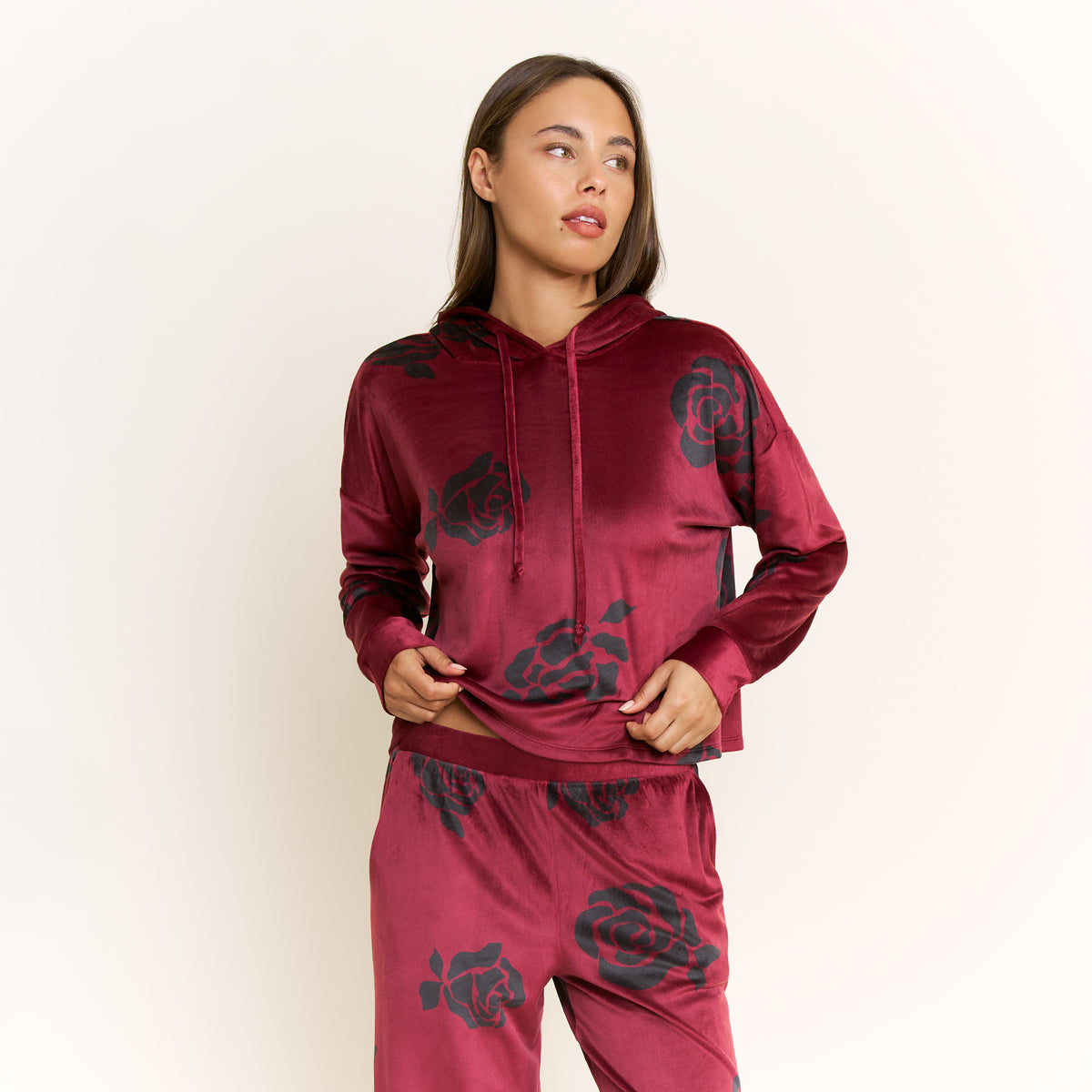 Simply Cozy Hoodie Pant Set in Winterberry Roses - -