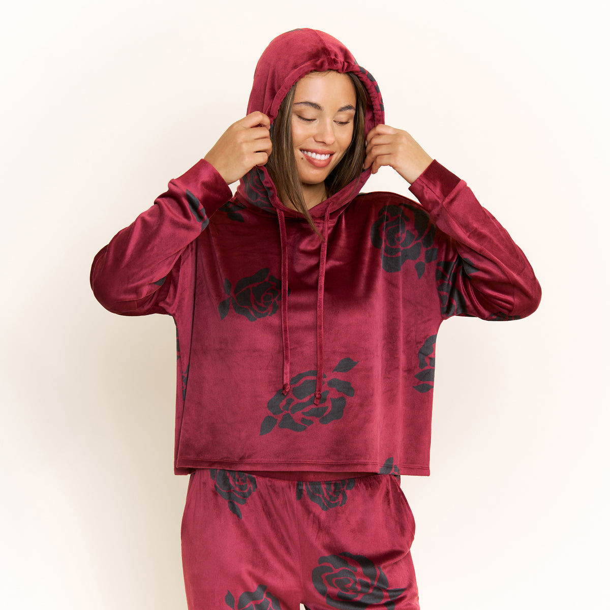 Simply Cozy Hoodie Pant Set in Winterberry Roses - -