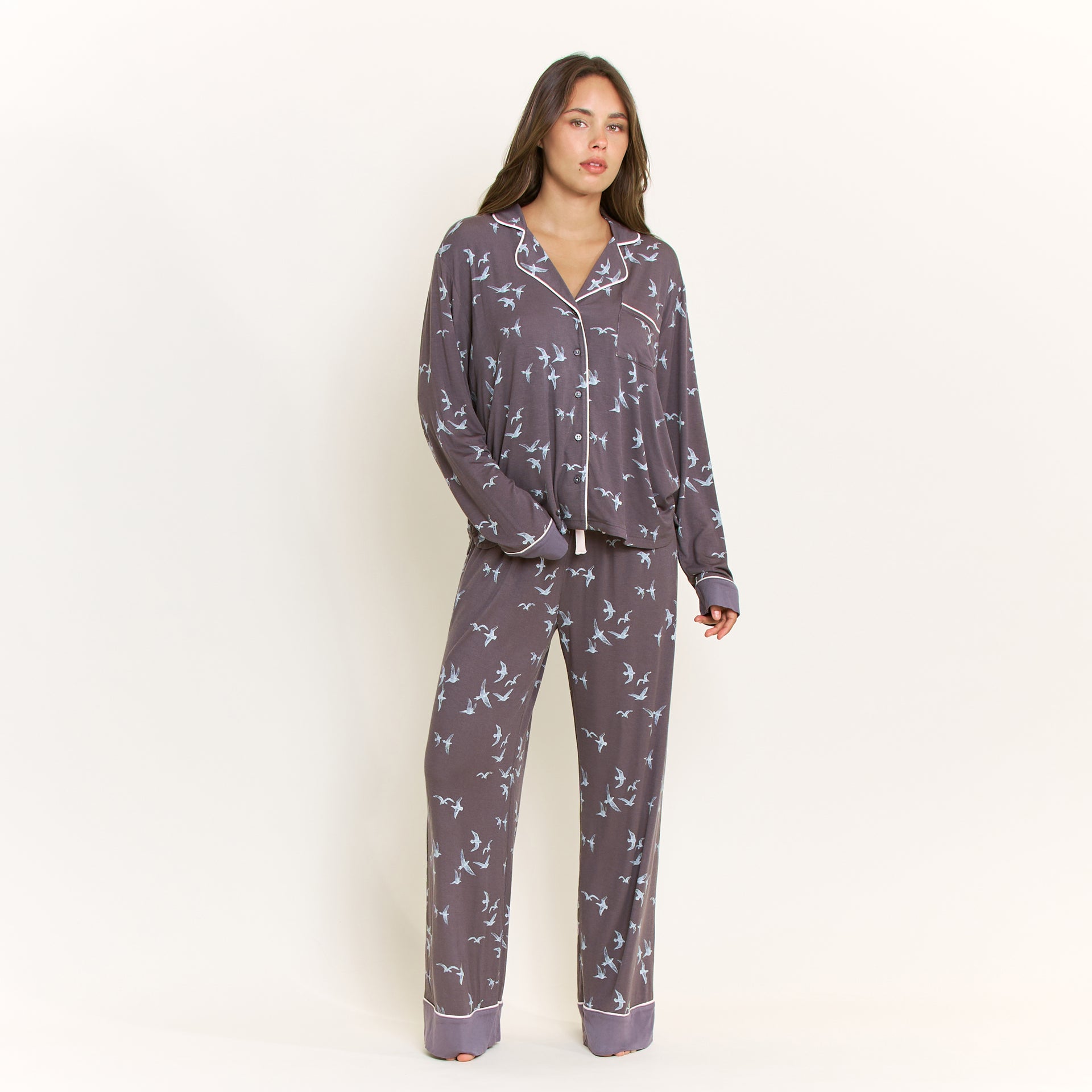 All American Long PJ Set in Boulder Grey Birds - -