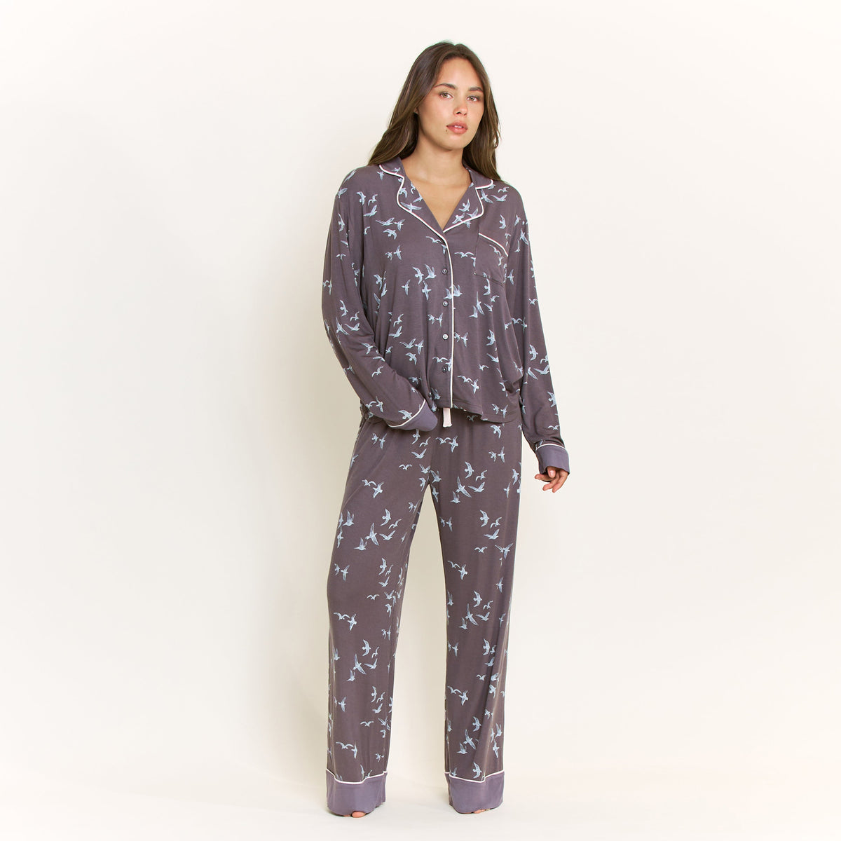 All American Long PJ Set in Boulder Grey Birds - -