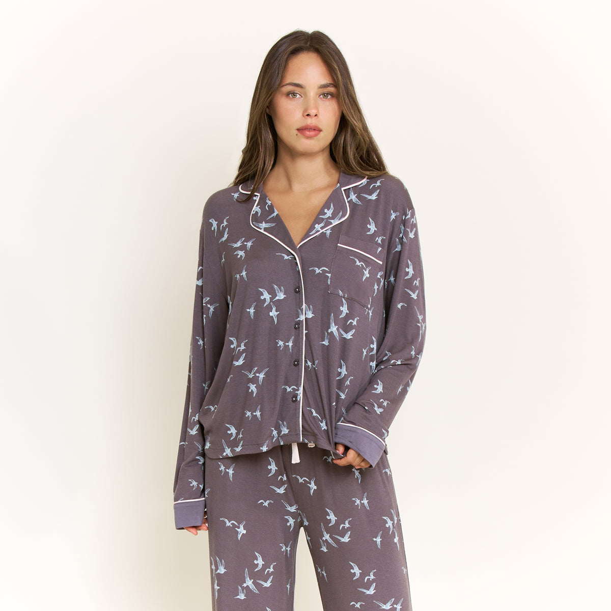 All American Long PJ Set in Boulder Grey Birds - -