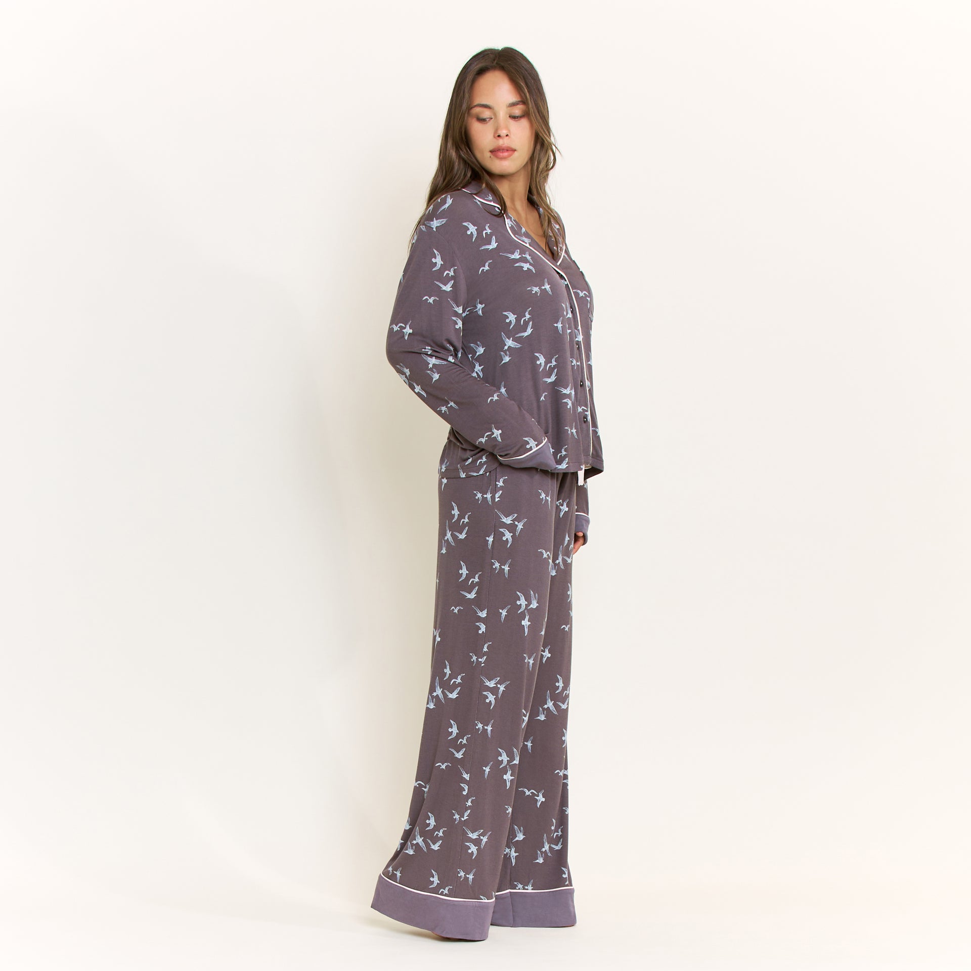 All American Long PJ Set in Boulder Grey Birds - -