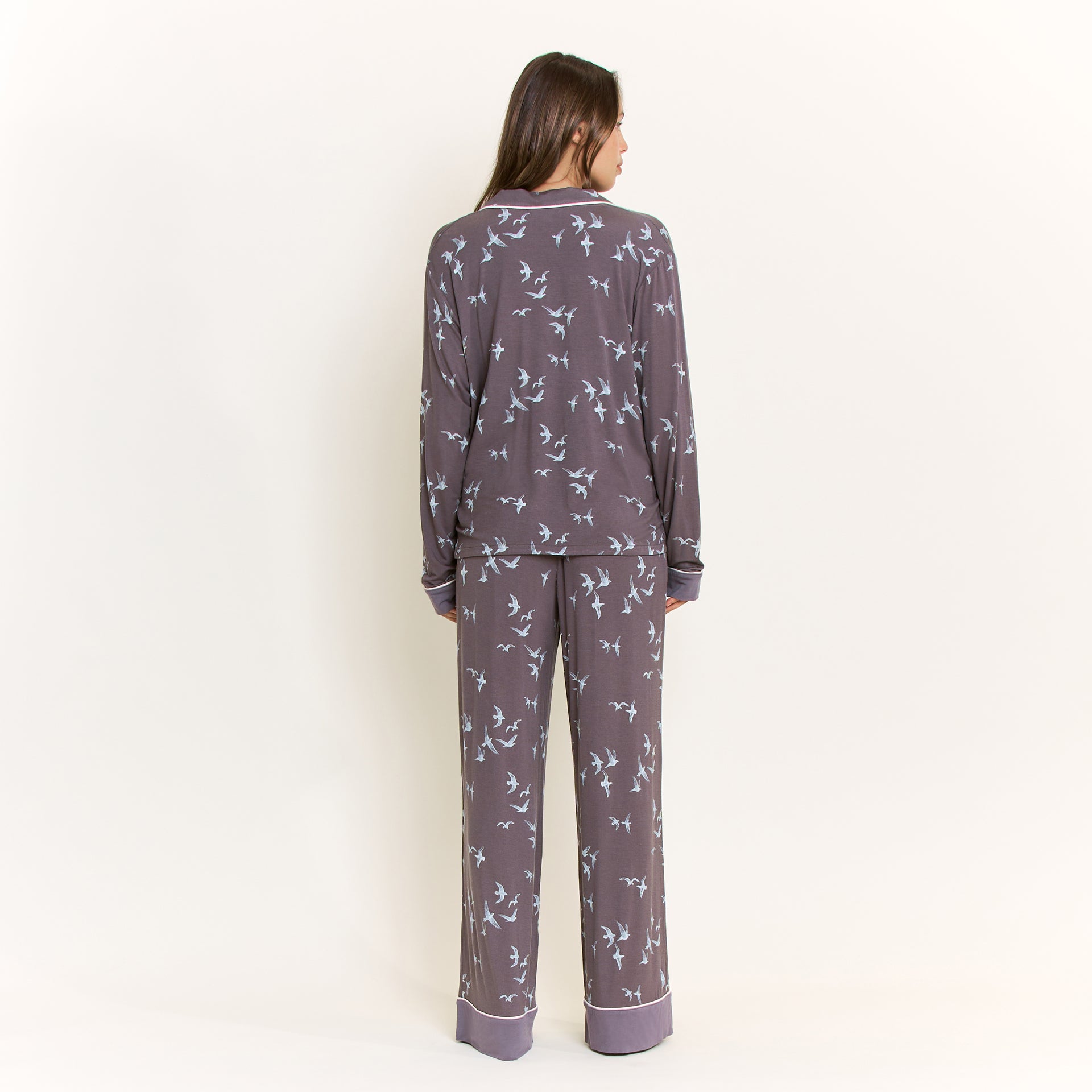 All American Long PJ Set in Boulder Grey Birds - -