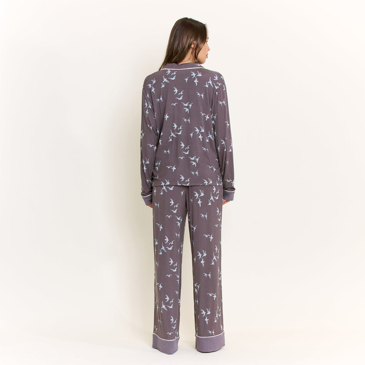 All American Long PJ Set in Boulder Grey Birds - -
