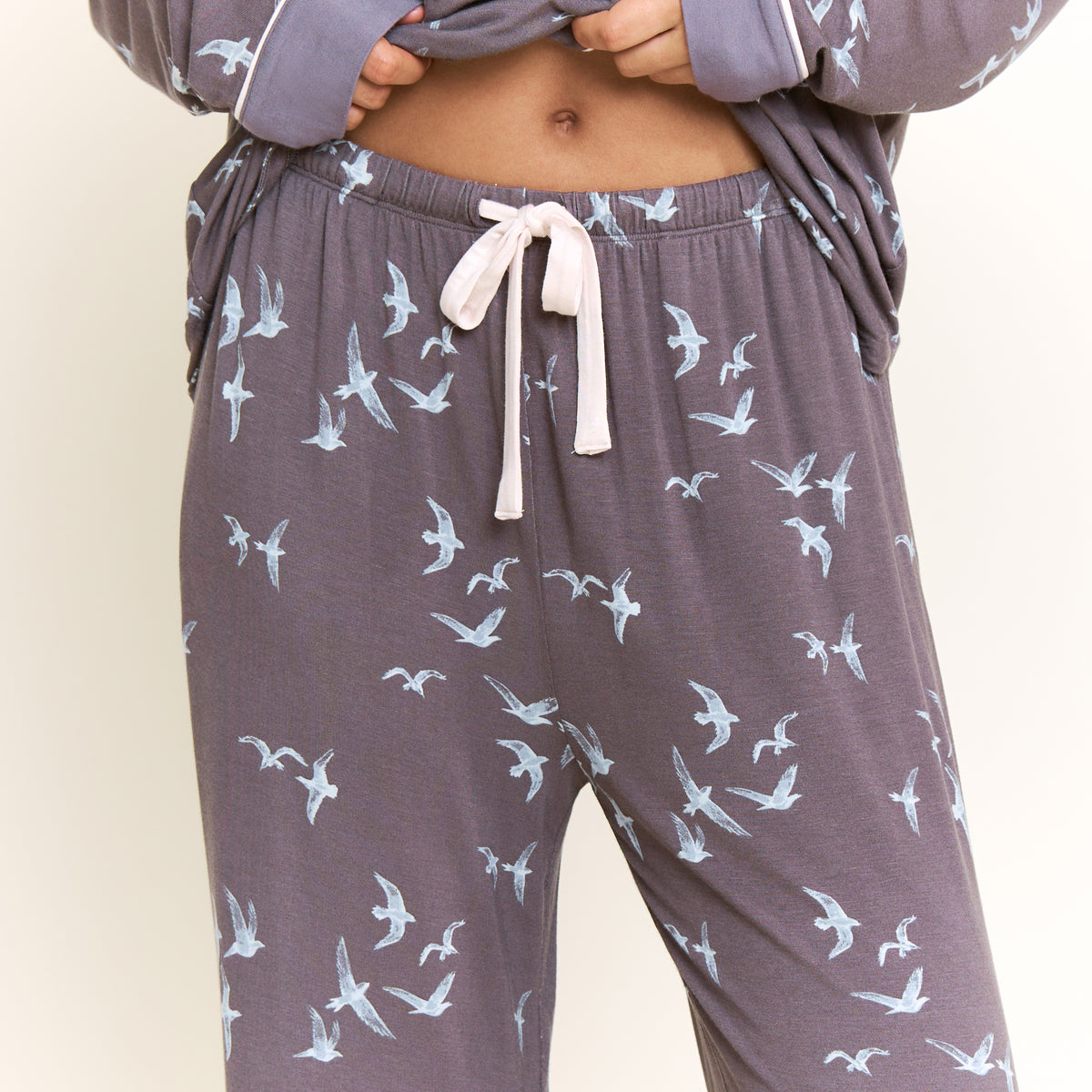 All American Long PJ Set in Boulder Grey Birds - -