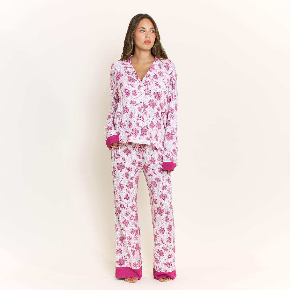 All American Long PJ Set in Romantic Lilac Vines - -