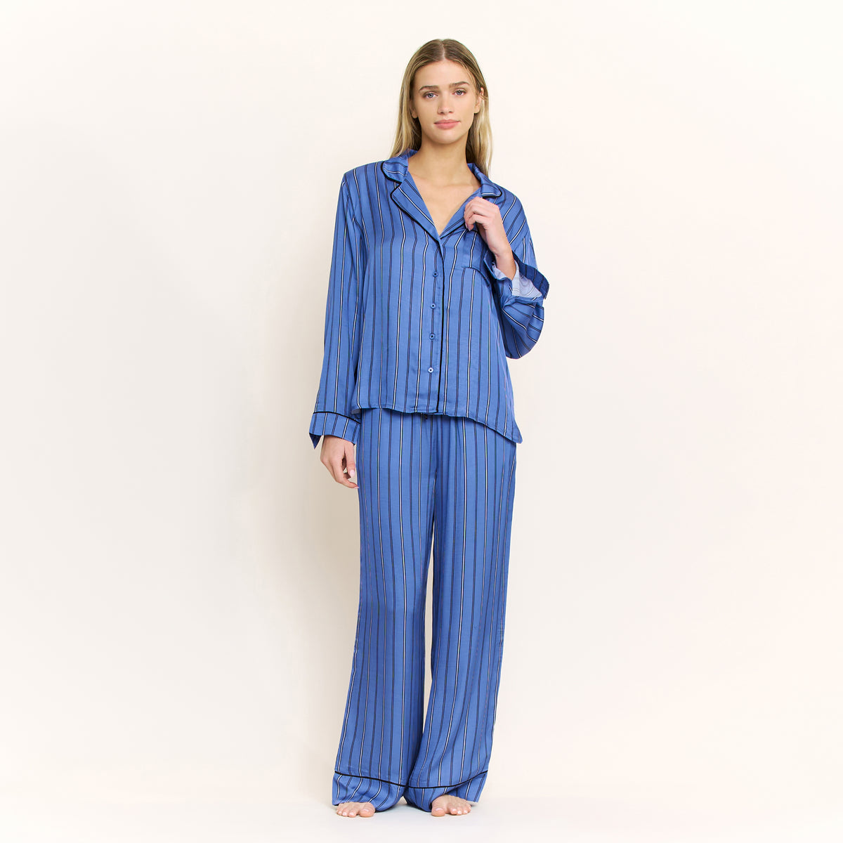 Lunar Luxe Long Sleeve PJ Set in Cobalt Pin Stripe - -