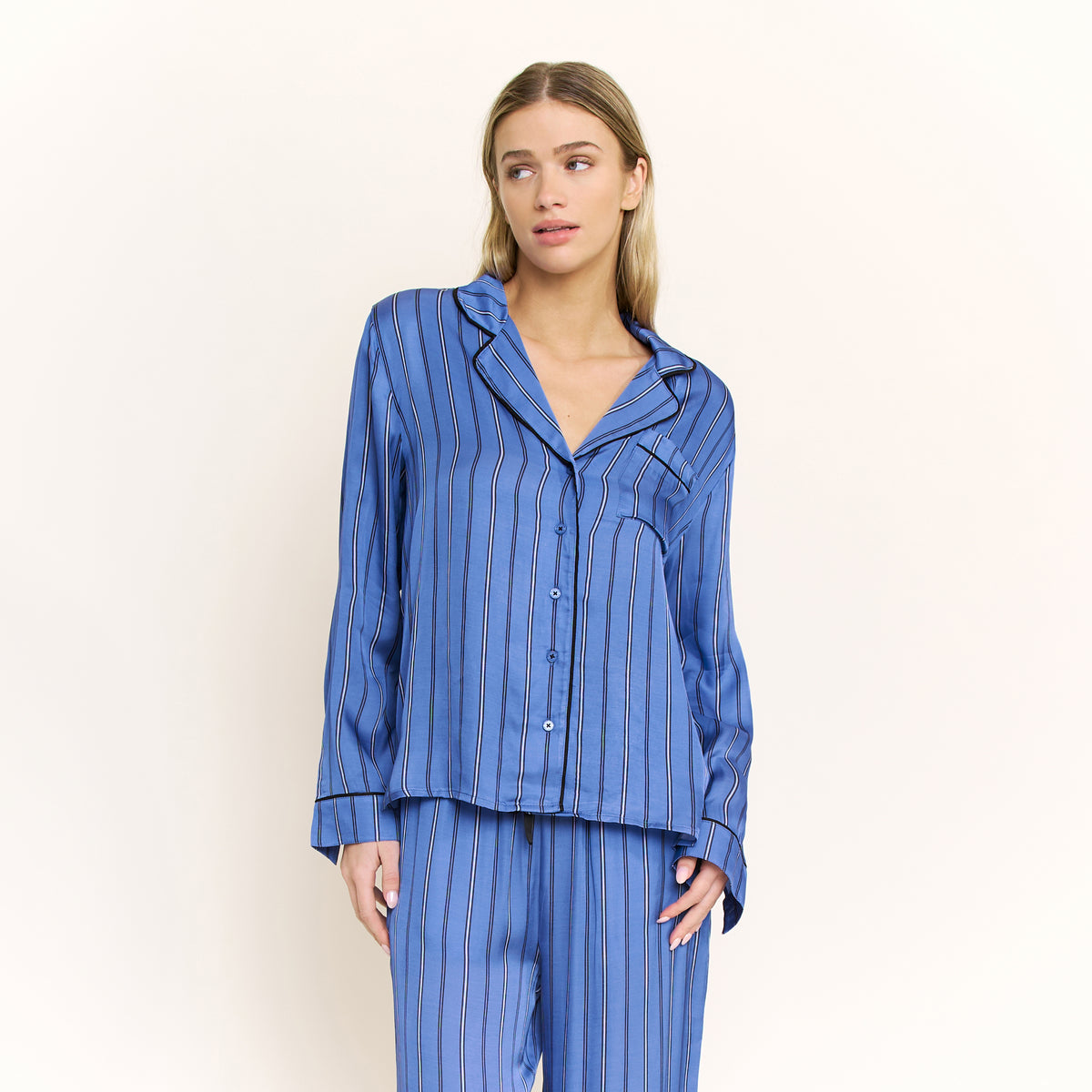 Lunar Luxe Long Sleeve PJ Set in Cobalt Pin Stripe - -