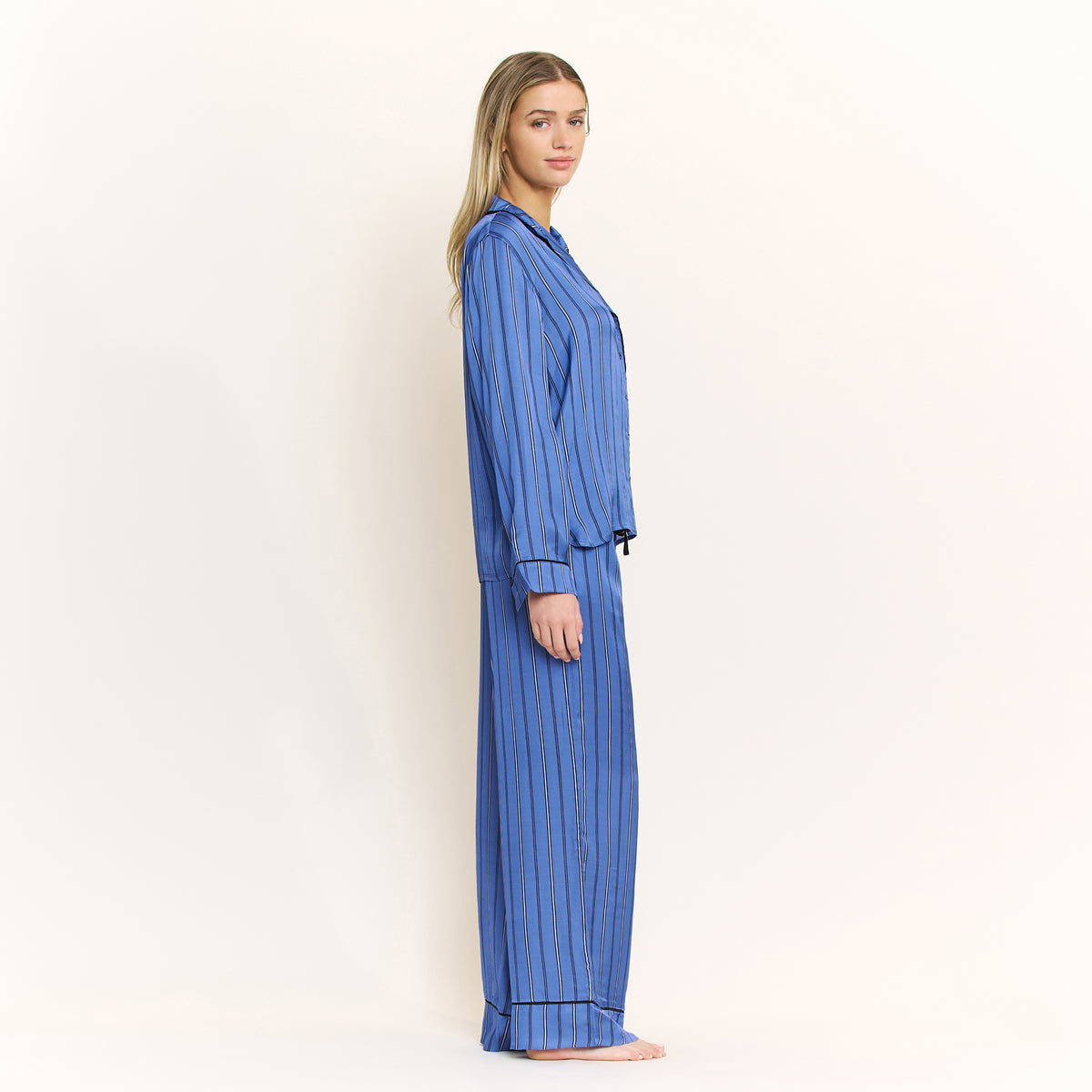 Lunar Luxe Long Sleeve PJ Set in Cobalt Pin Stripe - -