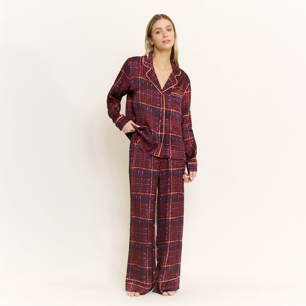 Lunar Luxe Long Sleeve PJ Set in Rich Burgundy Plaid - -