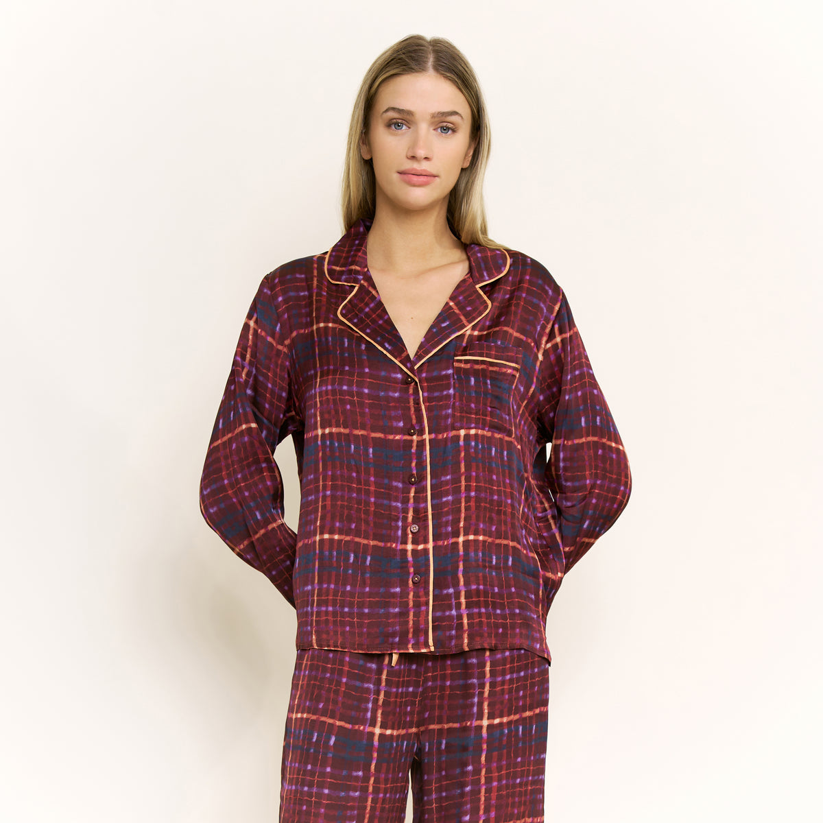 Lunar Luxe Long Sleeve PJ Set in Rich Burgundy Plaid - -