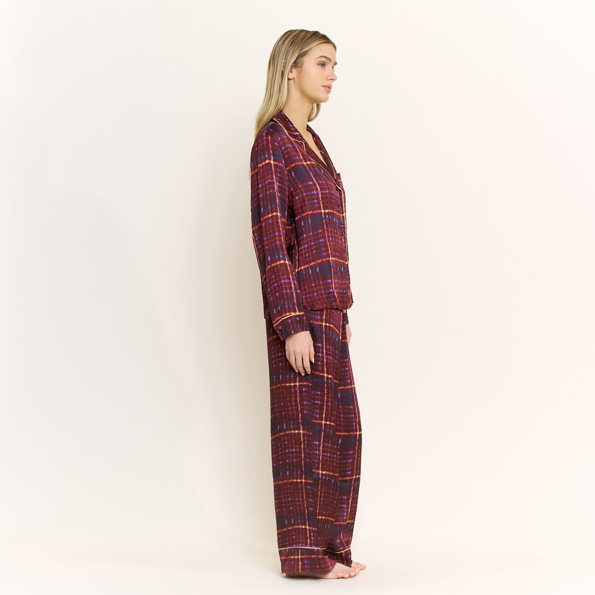 Lunar Luxe Long Sleeve PJ Set in Rich Burgundy Plaid - -