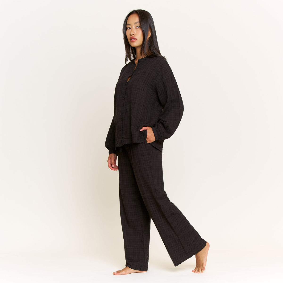 Good Life Long Sleeve Pant Set in Boulder Grey Plaid - -