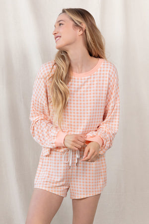Star Seeker Long Sleeve & Short Pj Set - Loungewear - Apricot Gingham