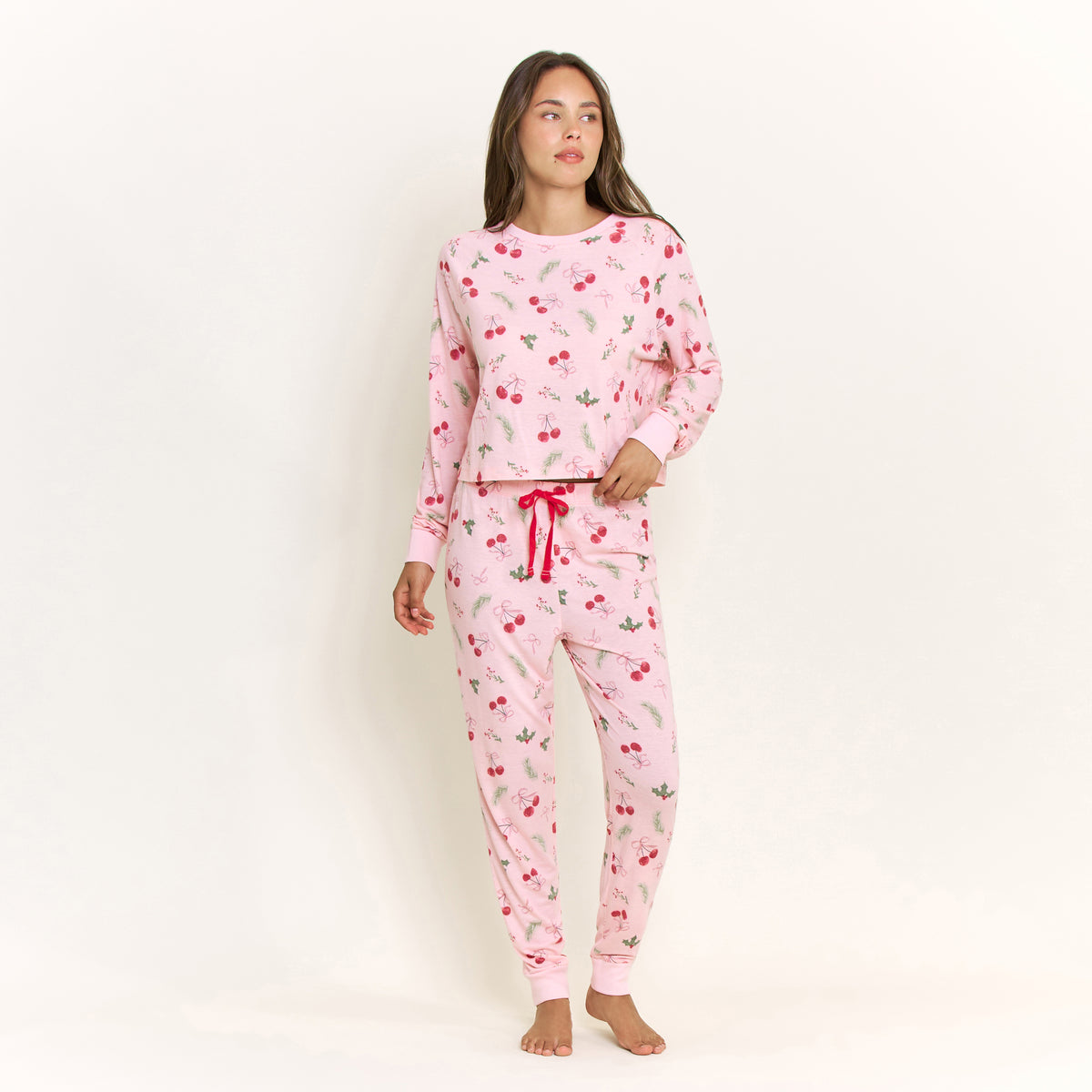 Star Seeker Long Cuff Set in Powder Pink Cherries - Sleepwear & Loungewear -