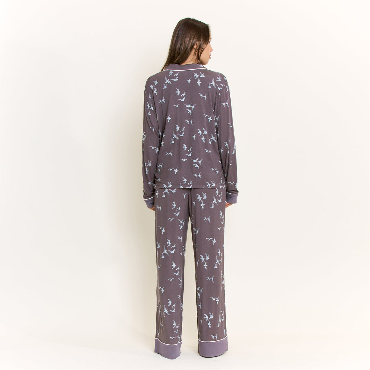 All American Long PJ Set in Boulder Grey Birds - -