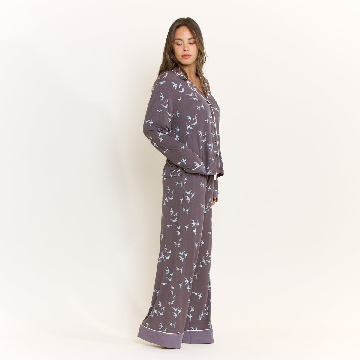 All American Long PJ Set in Boulder Grey Birds - -